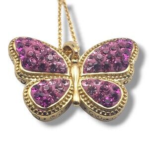 Brass JCM Thailand Pink Ombre Rhinestone Butterfly Pendant Gold Tone Necklace